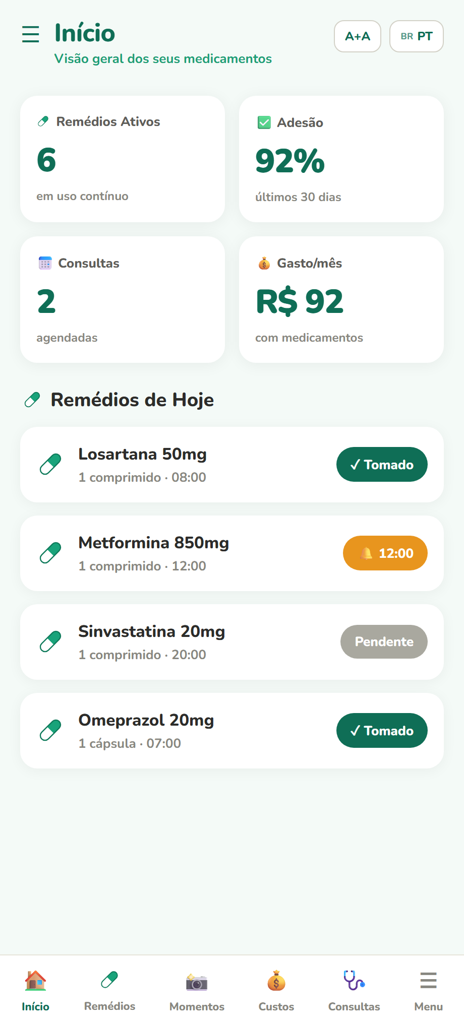Tela inicial com os remédios de hoje e um resumo do tratamento