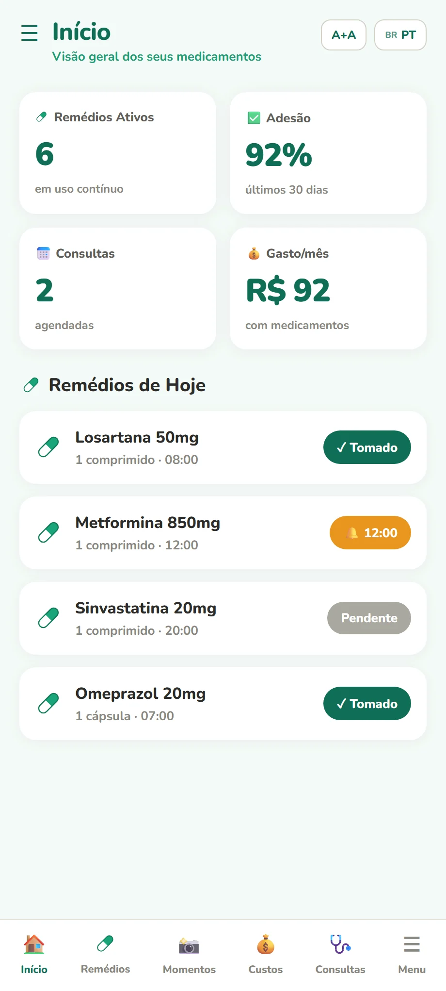 Tela inicial com os remédios de hoje e um resumo do tratamento