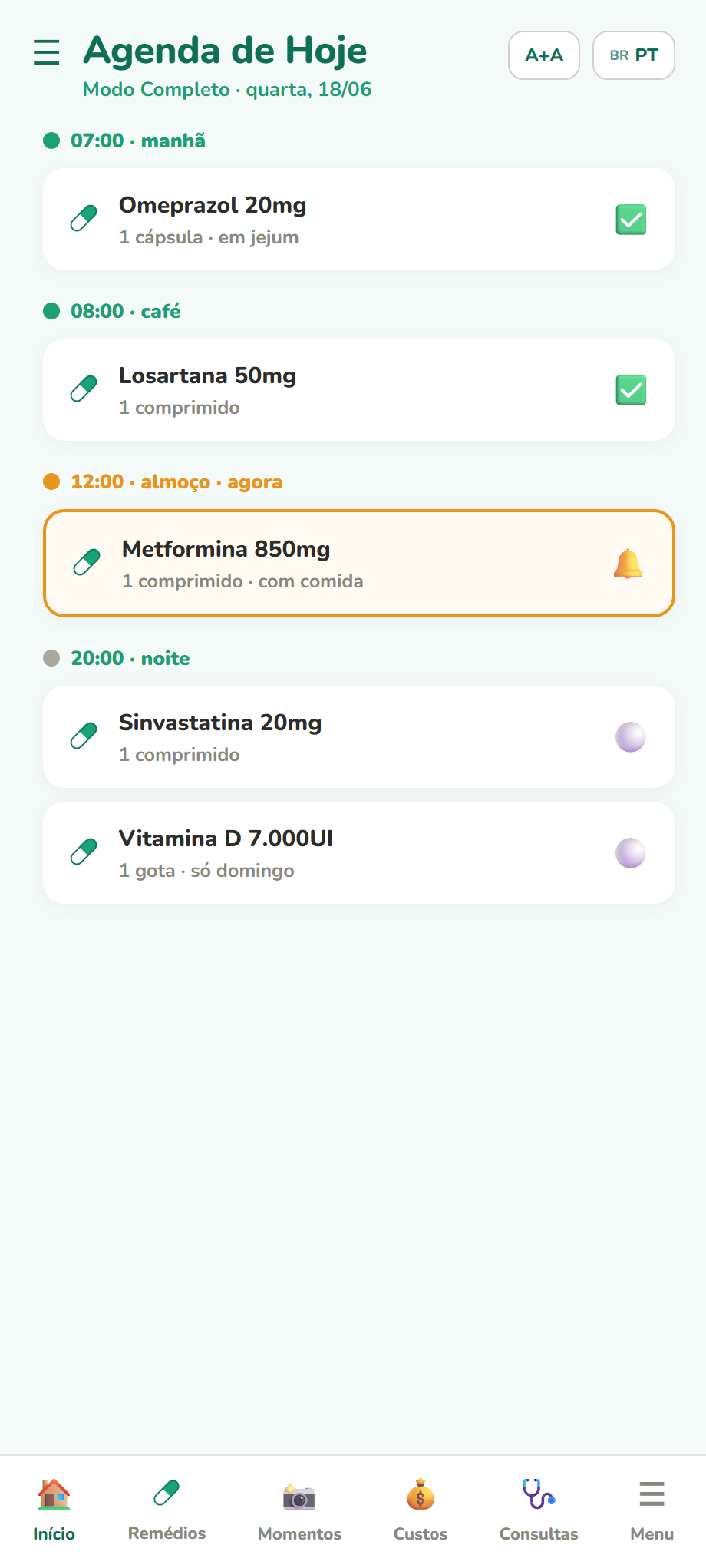 Modo Completo com a agenda detalhada de doses