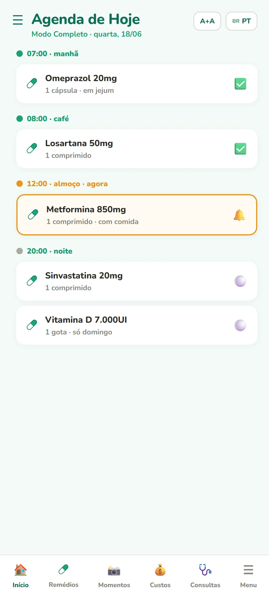 Modo Completo com a agenda detalhada de doses