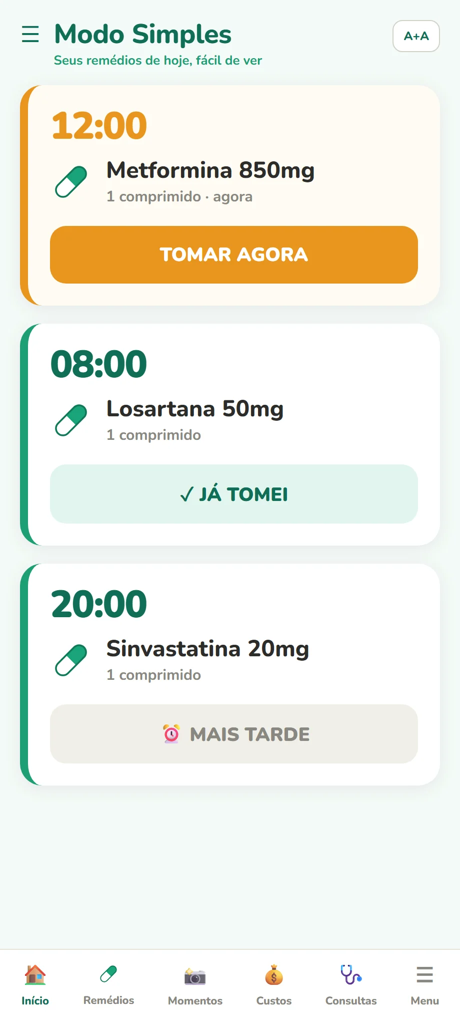 Modo Simples com cartões grandes para cada horário de remédio